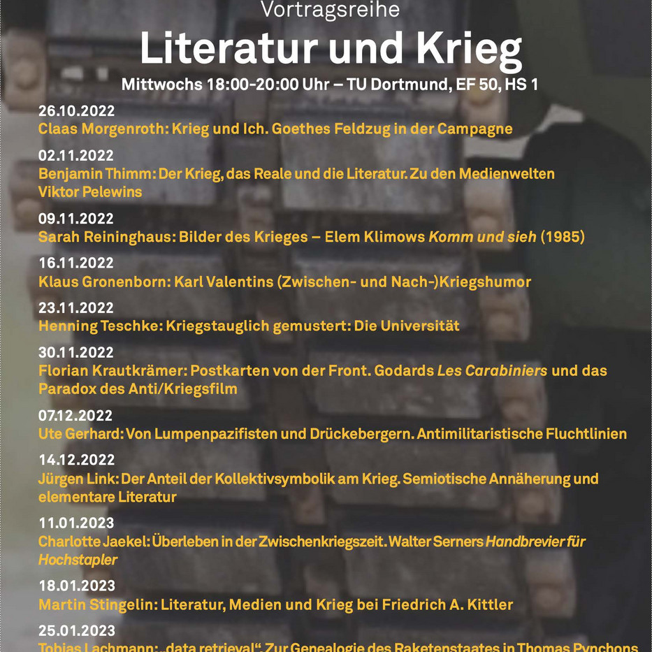Plakat mit den Terminen für die Vortragsreihe Literatur und Krieg.