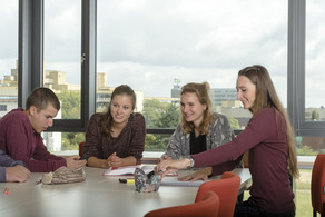 Eine Gruppe Studierender sitzt mit Lernunterlagen am Tisch.